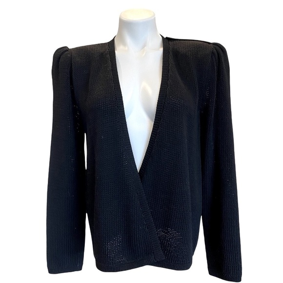 ST. JOHN Vintage 70’s Santana Knit Open Front Puff Shoulders Black Cardigan - Picture 1 of 10
